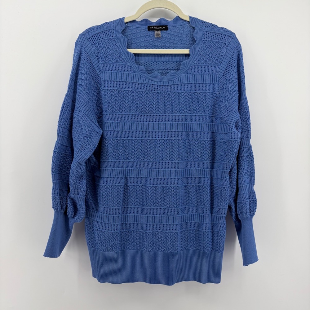 Cable & Gauge Sweater Blue Women 3X Scalloped Neck‎ Textured Knit Balloon Sleeve